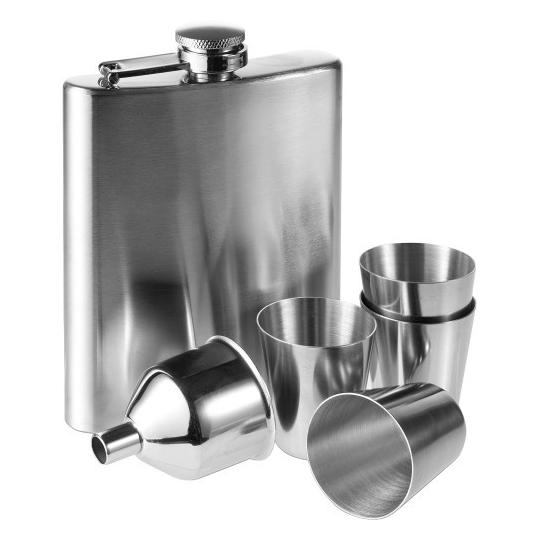Garrafa de bolso, 4 copinhos e funil