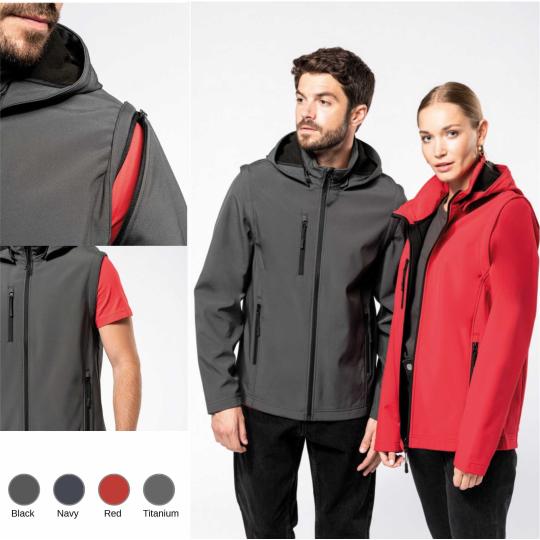 Blusão softshell 3 camadas com capuz e mangas amovíveis unissexo Kariban®